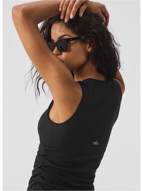 ALO Yoga Black Ribbed Tank with Side Shirring